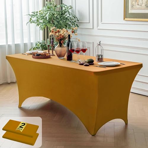 Image of FOLINS&HOME 2 Pack Gold 6ft Fitted Spandex Water Resistant Tablecloth | Washable Elastic Rectangle Table Cover for 6 Foot Folding Tables, Stretch Table Cloth for Weddings, Banquets, Parties (2 Pcs)