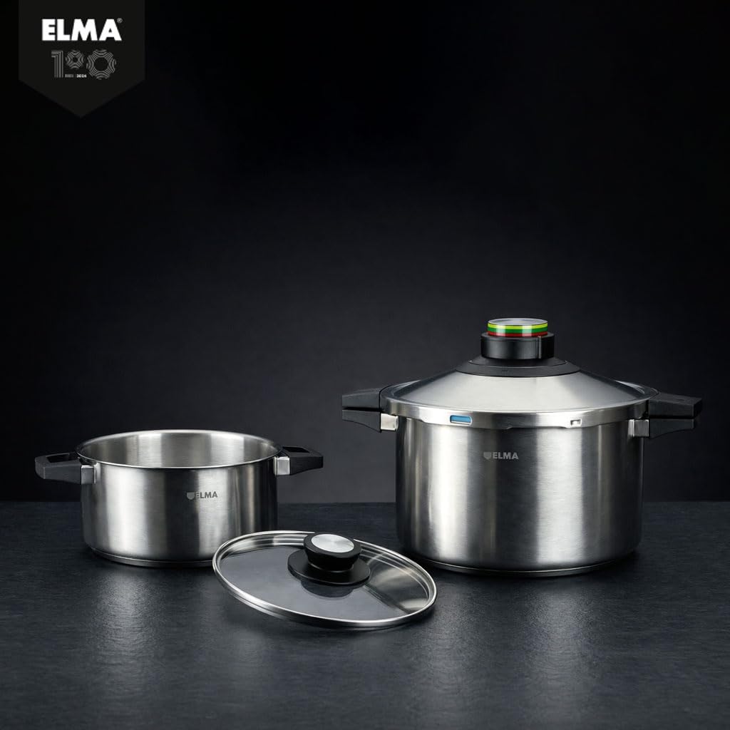 ELMA Set de 2 Ollas a Presión Prêst 4+6 L | Acero Inoxidable 18/10, Fondo Encapsulado Apto Inducción, 2 Modos de Cocción, Triple Sistema de Seguridad, Tapa de Cristal Incluida