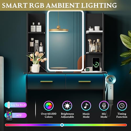 Image of Xixini Vanity Desk with LED Lights Mirror & Power Outlet, Small Makeup Vanity Table Set with Storage Drawers, 3 Lighting Modes & Adjustable Brightness, Dressing Table for Women Girls Bedroom, Black