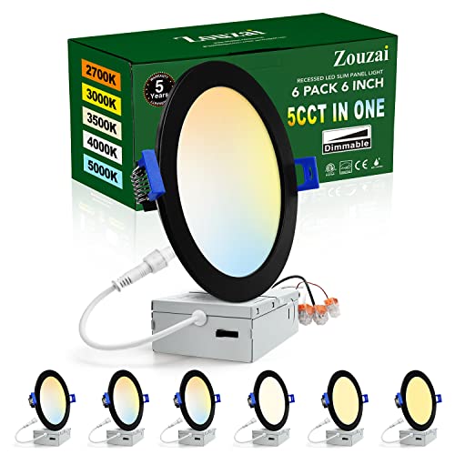 zouzai 6 Inch Black 5CCT Ultra-Thin LED Recessed Ceiling Light with Junction Box...