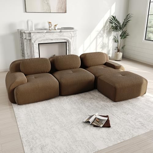Bladez Sofá moderno de 3 plazas de cordón modular en forma de L con otomana, sin montaje, combinable con otros sofás, para sala de estar (marrón, 3 plazas+1)