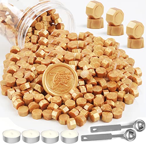 Gold Wax Sealing Beads, Wasole 400 PCS Metallic Gold Octagon Wax Seal Beads Kits for Wax Sealing Stamp, with 2 PCS Wax Melting Spoons and 4 PCS White Candles (Metallic Gold)