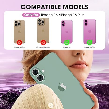 Image of for iPhone 16 /16 Plus Camera Lens Protector Bling Individual Metal Diamond Ring 9H Hardness Scratchproof Protector, Stylish Phone Accessories, Case Friendly (Green Diamond)