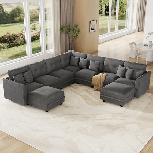 Image of LLappuil Modular Sectional Sofa with Storage, U-Shaped 9-Seat Corduroy Couch with 8 Throw Pillows, Pet-Friendly Convertible Pit Sofa for Living Room, Skin-Friendly & Soft, Grey