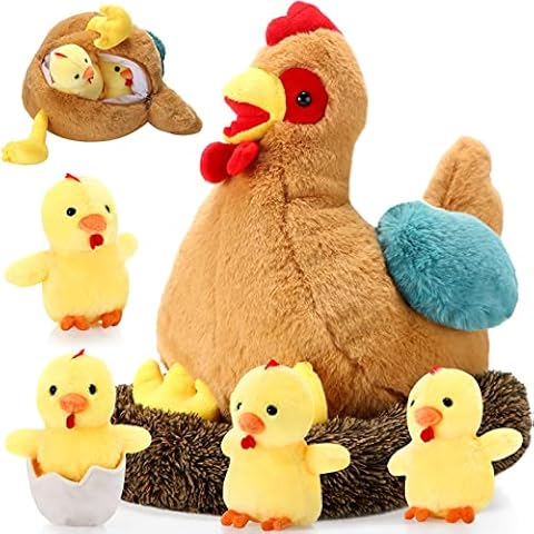 Skylety Chicken Stuffed Animal Plush Chicken Toys Egg Laying Hen with Zippered Belly, Hen House and Little Baby Chicks Stuffed Chicken for Easter Stuffers Party Supplies(Vivid Style) Cover
