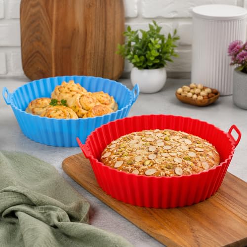 Image of Cutting EDGE Silicone Air Fryer Basket | Non Stick & Reusable Baking Tray | Round Liners With Ear Handles, Heat Resistant Oven Cooking Accessories (Set of 2, Red & Blue - Color)