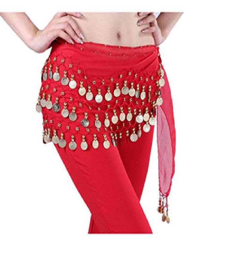 Fancy StepsWomen Belly Dance Hip Scarf Belt with Colorful Beads and Sequins Belly Dance Hip Scarf Waistband Belt Skirt with128 Ringy Golden Coins 128 All