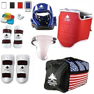 Pine Tree Complete Vinyl Martial Arts Sparring Gear Set with Bag, Shin, & Groin, Small Blue Headgear, Child Large Other Gears Male