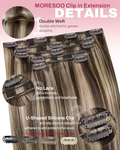 Image of Moresoo Clip in Hair Extensions Dark Brown Honey Blonde Highlights 12 inch | Real human hair clip ins, chocolate honey blonde highlights, 80g 5pcs, short layered finish for soft daily volume
