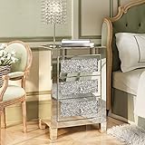 Sollertia Mirrored Nightstand with 3 Crystal Drawers Mirror End Table Bedside Table, Mirrored Accent