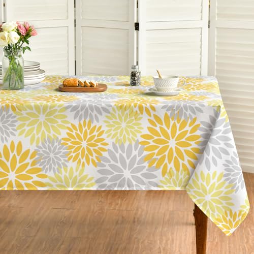 Horaldaily Yellow Grey Dahlia Table Cloth 60×84 Inch Rectangular
