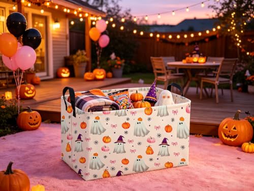 Image of Sanjiaofeng Rectangular Pink Halloween Ghost Storage Basket,Trick or Treat Halloween Basket,Halloweens Party Candy Gift Baskets(Pink Pumpkin)