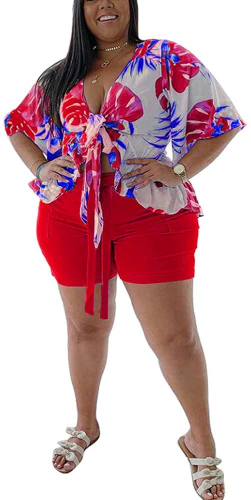 Conjunto de pantalones cortos de gasa con estampado floral para mujer de verano, bohemio, con volantes, para la playa - - 3X-Large