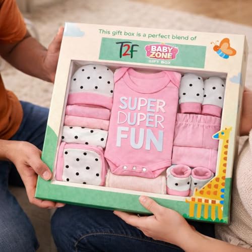 Image of T2F 13 Pcs Newborn Baby Girl /Boy Gift Set, Premium Pink /Blue 100% Cotton Baby Clothing Gift Box with Bodysuit, T-Shirt, Cap, Mittens, Booties, Bib, Pants, Shorts, Towel & Wash Cloths