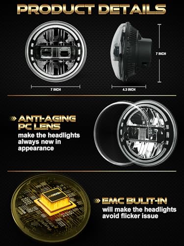 Audexen JGDD0708 Upgraded 1200% Bright 7 Inch Led Headlights Round Jk 7 Inch Headlight Compatible With Jeep Wrangler Jk Jku Lj Tj 1997-2018 Halo Ring Hi/Lo Sealed Beam H6024 Plug & Play Dot Approved Black thumb #6