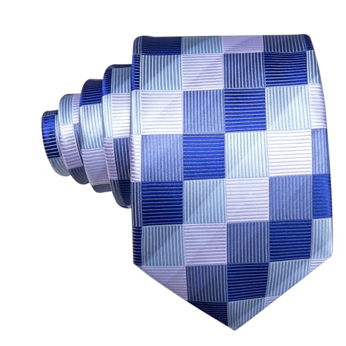 Image of Barry.Wang Plaid Ties Check Mens Necktie Set with Handkerchief Cufflinks Classic Stripe