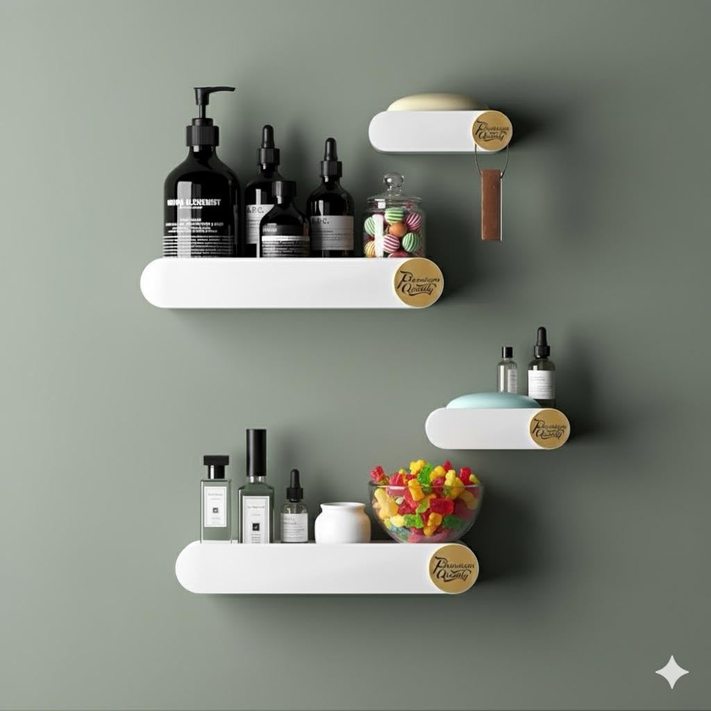 Oslen Bathroom Shelf for Wall, Self-Adhesive Bathroom Organiser Wall Mounted Shelf Storage Racks Bathroom Ideal Bathroom Accessories (2 Bathroom Shelves+ 2 Shop Dish White, 4 Pack)
