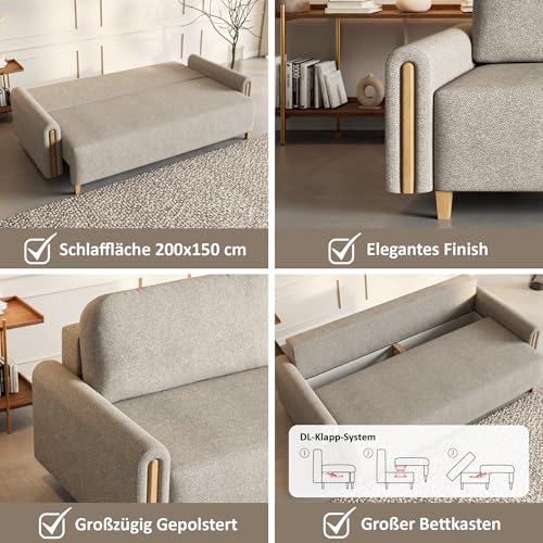 MOTIVENA Notti 3 Sitzer Sofa mit Bettfunktion, Schlafsofa 235 cm Breit, Klappsofa mit Schlaffunktion, Schlafsofa mit Bettkasten, Bettsofa mit Schlaffunktion, Boucle Sofa Beige (Creme) – Bild 6