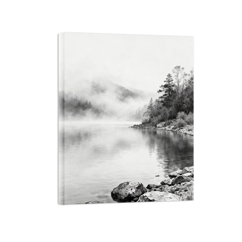 Black White Landscape Wall Art. Tree Lake Clouds. Picture 90x117cm Unframed