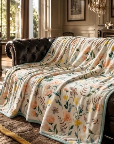 BOSALONI HOME Elegance Collection - Manta tamaño king size, 200 x 230 cm, manta de matrimonio Premium extra grande, suave y voluminosa, estilo elegante para decoración del hogar (flores marfil)