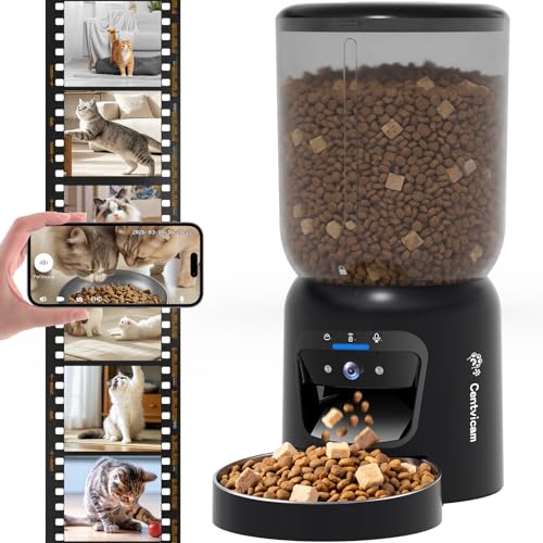 Centvicam Automatic Cat Feeder with 2K HD Camera: 5G WiFi Automatic Dog Feeder with Night Vision, Auto Cat Food Dispenser with 6L Large Food Storage for Multiple Pet, Detachable for Easy Clean -24 Cup