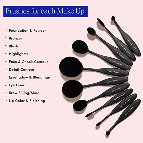 Vanity Planet Makeup Brushes (Midnight Black), Blend Party Oval Makeup Brush Kit with Ergonomic Handles, Soft Synthetic Bristles, Unique Design- Set of 10