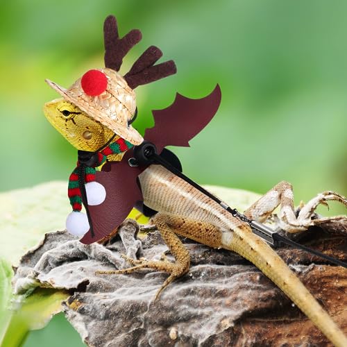 Image of Ipetboom Christmas Lizard Suit for Bearded Dragons Holiday Pet Clothing Set with Elk Hat Scarf and Leash - Comfortable and Durable Accessories for Small Lizards