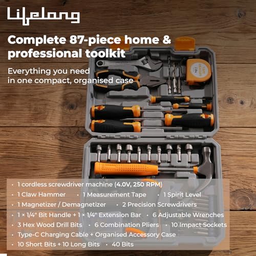Image of Lifelong Screwdriver Tool Kit Set for Home Use - 87 Pcs | Cordless Portable Tool Box with Impact Sockets, Claw Hammer, Spirit Level, Measuring Tape, Magnetizer /Demagnetizer, Storage Case, Type C Cable