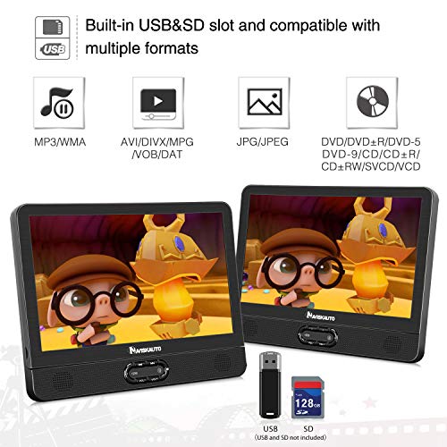 NAVISKAUTO 12 inch Portable DVD/CD Player Dual Screen, Headrest Video Player with Rechargeable Battery, Last Memory and USB/SD Card Reader