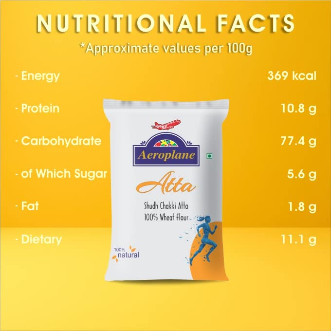 Image of Aeroplane Fresh Chakki Atta, 20kg Wheat Flour Sudh Atta Rich in Fiber & Protein (5kg x 4Pcs)