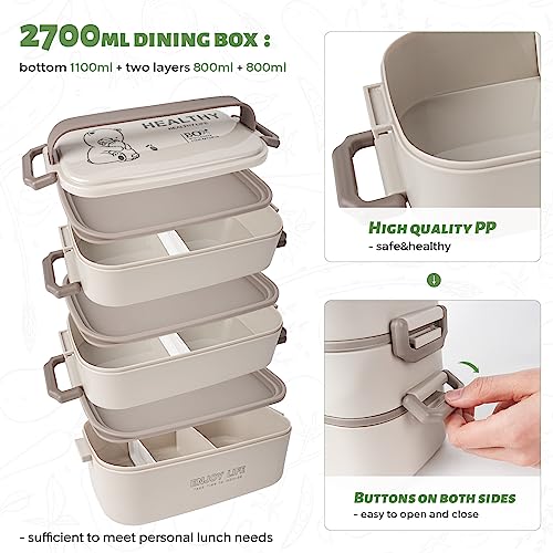 Image of 2700ml 3 Layer Bento Box with Fork & Spoon, 4-in-1 Lunch Box for Adults, Meal Prep Container Food Storage Box for Men Women Student School Office, Microwave Dishwasher Safe Available (Khaki)
