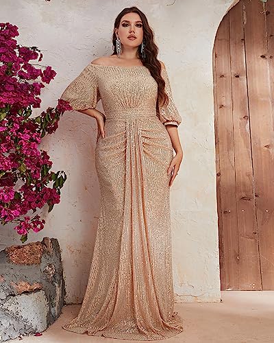 Women's Plus Size Off Shoulder Puff Sleeve Sequin Formal Maxi Dress Evening Party Gowns2
