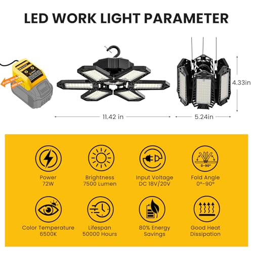 Image of LED Work Light Compatible with Dewalt 20V Battery - 68W 6800LM Ceiling Flood Light 6+1 Deformable Panels Garage Light with Type-C & USB-A, Emergency Camping Light for Shed, Workshop, Job Site