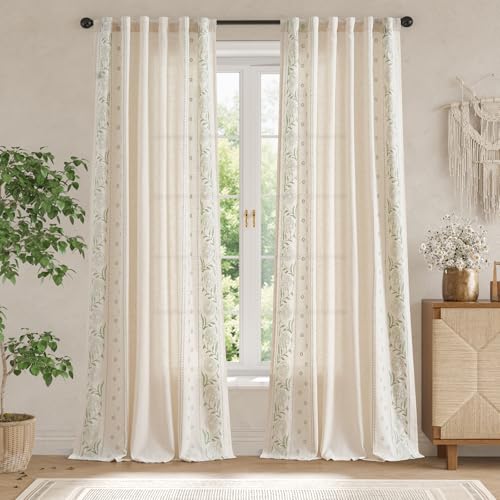 Image of jinchan Sage Floral Linen Curtains for Living Room 96 inch Back Tab 2 Panels