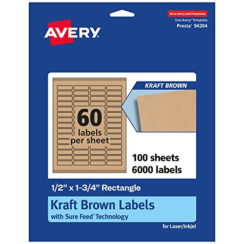 Avery Kraft Brown Rectangle Labels, Sure Feed Technology, 0.5" x 1.75", 6,000 Kraft Brown Labels, Print-to-The-Edge, Laser/Inkjet Printable