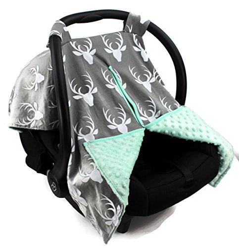 Image of Strawberry Farms Baby Car Seat Cover Canopy and Nursing Cover 2 in 1 Grey and White Deerheads with Light Green