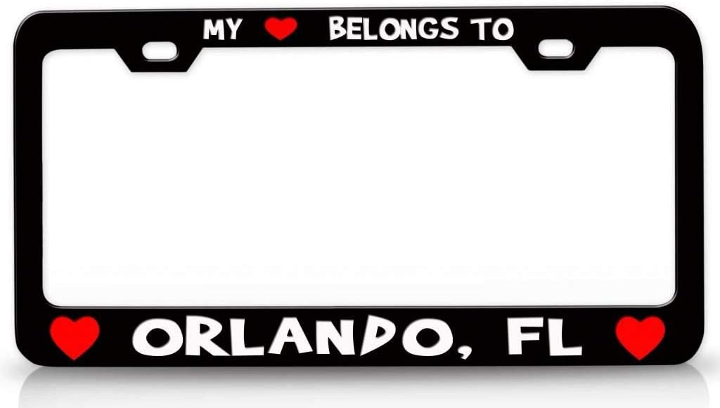 My Heart Belongs to Orlando FL USA Canada Cities City Metal Car SUV Truck License Plate Frame Bl h67