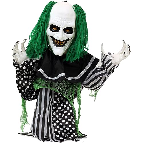 Haunted Hill Farm Scary Talking Groundbreaker Clown Animatronic with Motion and Touch Activated Lights and Sounds, Indoor or Covered Outdoor Halloween Decorations, Battery Operated Halloween Props