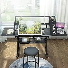 CNAOHGHN Drafting Desk, Adjustable Drafting Table, Tempered Glass Drafting Table Art Desk, Adjustable Height Tilting Artwork Drawing Drafting Table Desk with 2 Storage Drawer and Chair