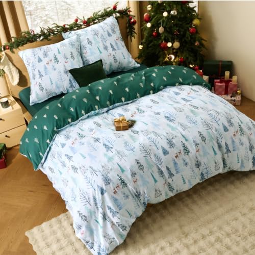 BEDSURE Weihnachts Bettwäsche 200x220 3 teilig-Rentier Wald Motiv, grünes Büffelkaro Design, Bettbezug mit Reißverschluss und 2 Kissenbezüge 80x80