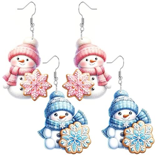 Ohrringe Weihnachten Hängend, Weihnachtsohrringe Ohrstecker Weihnachtsschmuck Weihnachts Stecker Schneemann Rosa Blau, Modeschmuck Tropfen Baumeln Schmuck Geschenk für Kinder Mädchen Damen Frauen