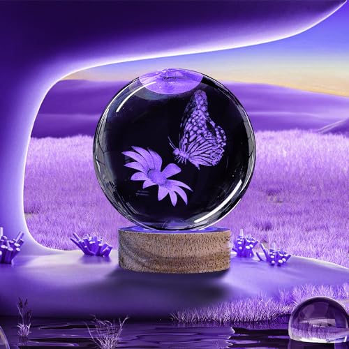 Image of 3D Crystal Ball Night Light with Wooden Base, 3.15 inch Butterfly & Flower Figurine Glass Lamp with 16 Colors, Cute Desk Decor for Bedroom Gifts