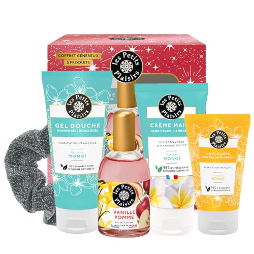 Les Petits Plaisirs - Coffret parfum Vanille Pomme, Eau de toilette femme, Gel Douche, Crème Mains, Lait corps, Coffret cadeau femme, Made in France, 5 produits