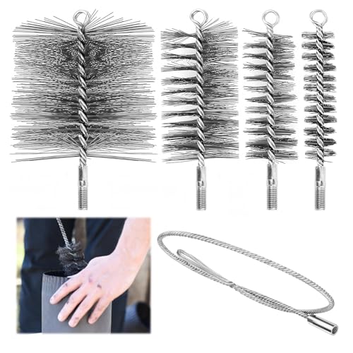 Hérisson de ramonage, 4 Pièces Brosses de Ramonage Cheminée, Brosse de Chaudière, Kit Ramonage Poele, Diamètre 30/50/80/150mm avec 1 Mètre Rallonge pour Tuyau de Poêle, Cheminée, Tuyau de Poêle