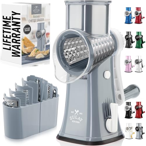 Image of Zulay Kitchen Rotary Cheese Grater 5 Blade Cheese Shredder - Manual Hand Crank Cheese Grater With Reinforced Suction & 5 Interchangeable Drums - Easy to Use, Vegetable Chopper Round Mandoline Slicer