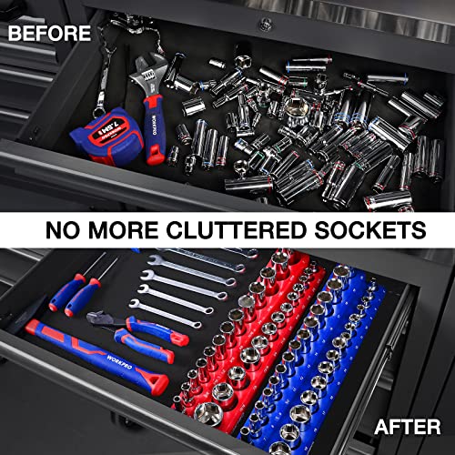 Image of WORKPRO 3 /8-inch Magnetic Socket Organizer Set, 2-Piece SAE & Metric Socket Holders, Holds 56 Standard and Deep Sockets for Tool Box, Tool Carts (Sockets Not Included) | Magnetic Socket Trays Hold 56 Standard and Deep Sockets for Tool Box, Tool Carts (Sockets Not Included)
