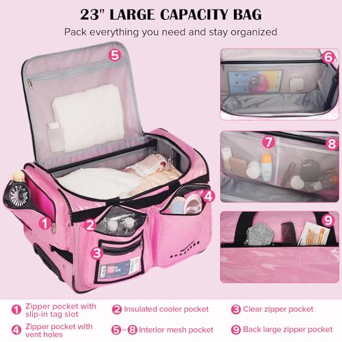 Dance Bag with Garment Rack & Curtain, 23" Glittering Rolling Dance Competition Duffel, Collapsible Dance Suitcase for Shows Cheer Recital Travel (Pink)3
