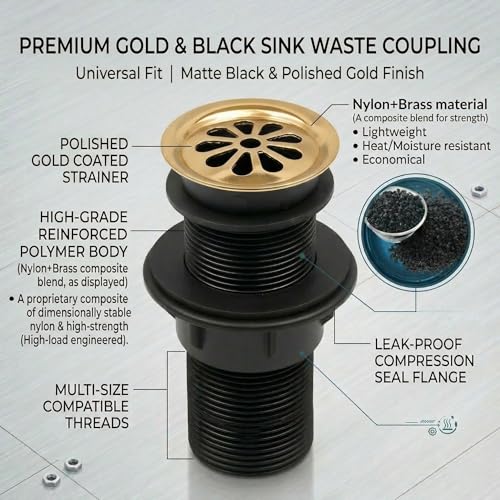 Image of BASSINO 6 Inch Basin Waste Coupling Nylon Thread Body with Brass Jali Head /Heavy Duty Bathroom Sink Drain for Wash Basin /Anti Clog Waste Coupling with Durable Build /Universal Fit Drain(Gold)