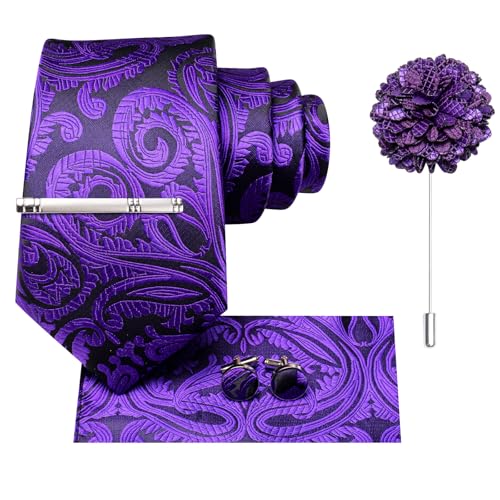 Image of Hi-Tie Mens Paisley Floral Striped Ties Set Silk Necktie and Lapel Pin for Men Pocket Square Cufflinks Set Business Wedding