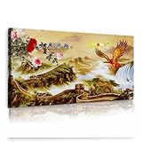 特大中国風日の出風景ウォールアート万里の長城滝牡丹イーグルキャンバスプリントリビングルームベッドルームホームオフィス装飾70x140cmインナーフレーム